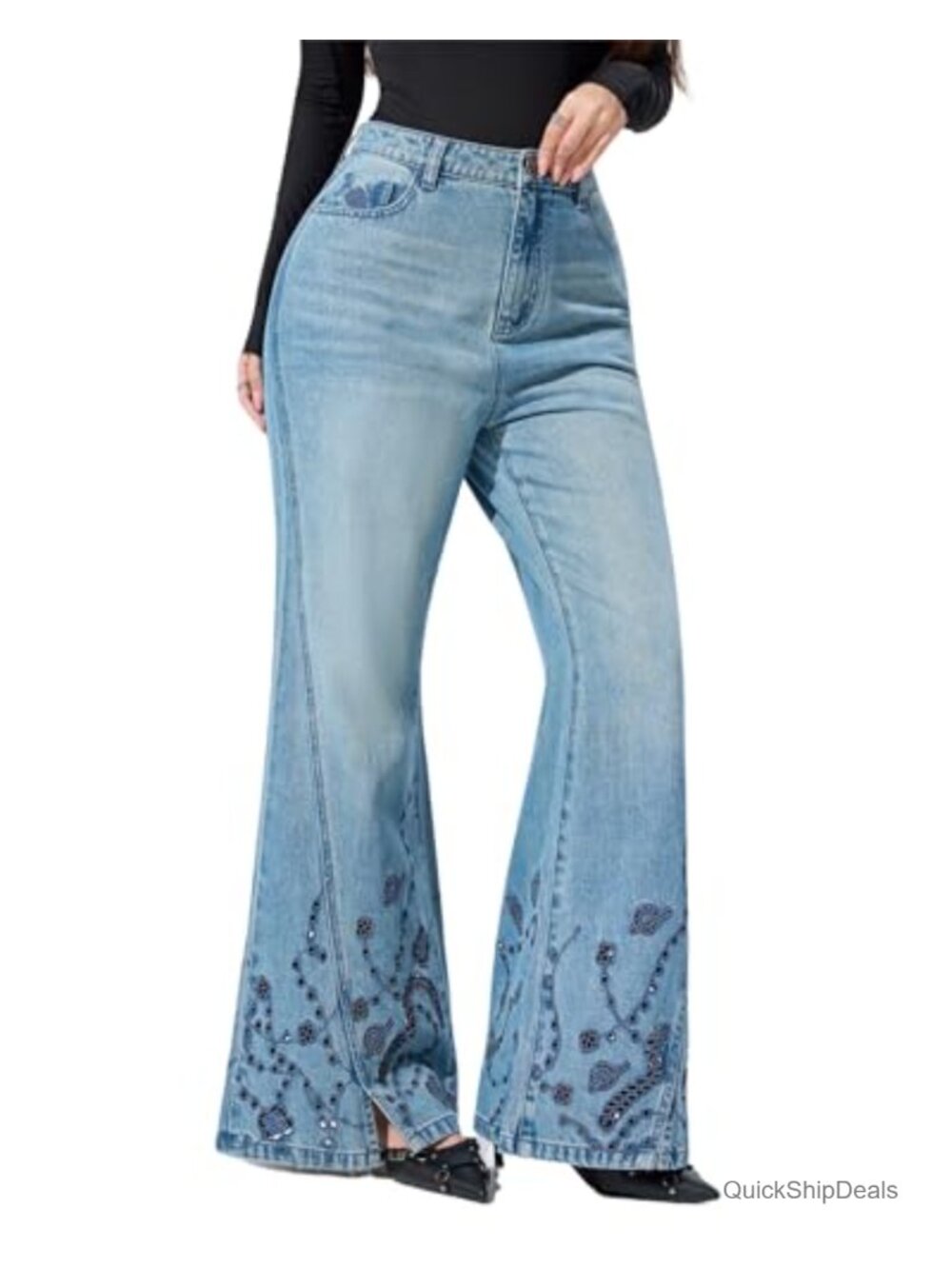 High Rise Flared Bell Bottom Embroidered Jeans Bootcut Denim Pants